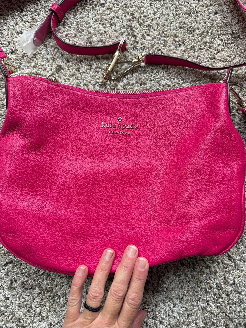 kate spade Fuchsia Pebbled Leather Crossbody with Striped Strap
